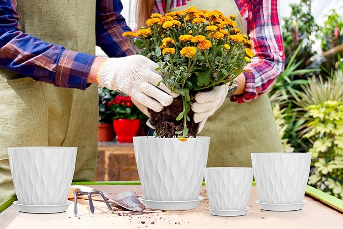 4/4.5/5/5.5/6/6.5/7 Inch Plant Pots,7 Pack Flower Pots with Drainage Holes and Trays,Plastic Planters for Indoor Outdoor Plants Growth,White