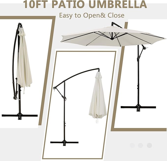 VECELO 10ft Offset Patio Umbrella, Cantilever Umbrella, Hanging Outdoor Umbrellas with 8 Ribs, Market Umbrella w/UV Protection Waterproof for Market/Backyard/Pool/Garden/Lawn, Handy Crank&Cross Base