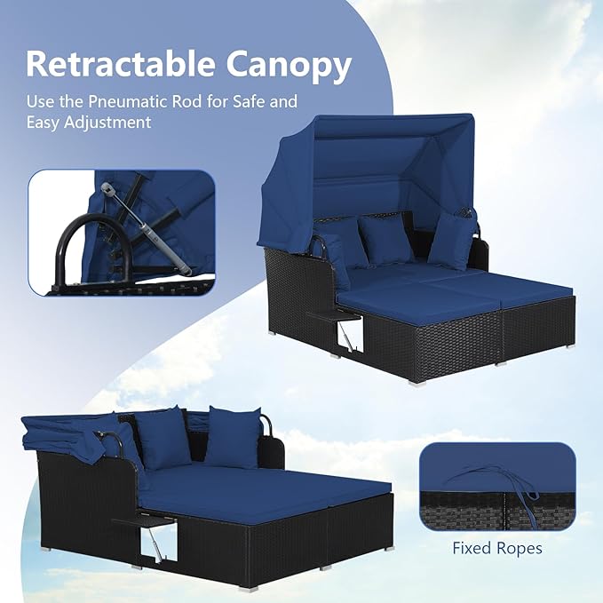 COSTWAY Outdoor Daybed with Retractable Canopy, Wicker Patio Furniture Set with Cushioned Pillows, Patio Rattan Daybed for Deck, Backyard, Poolside (Navy)
