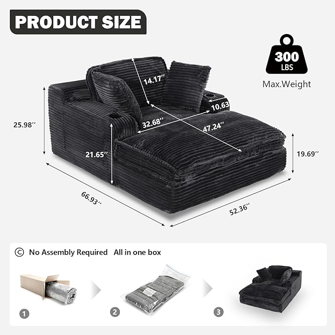 67" Oversized Chaise Lounge Chair Indoor, Soft Boneless Cloud Couch with 3 Pillows, 4 Side Pockets and 2 Cup Holders, Comfy Corduroy Sleeper Couch for Living Room Bedroom