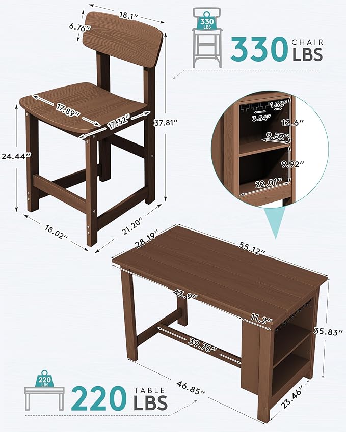 SERWALL Outdoor Bar Table and Chairs Set, 5-Piece HDPE Counter Height Patio Dining Sets with Storage and Wine Rack, Rectangular High Top Bar Table with 4 Bar Stools for Garden, Backyard, Brown