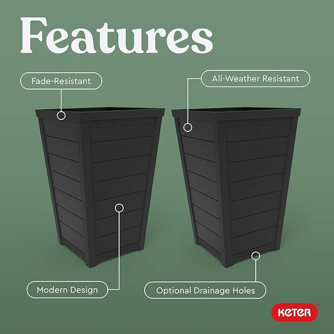 Keter Set of 2 Modern 22‑Inch Tall Outdoor Flower Pots – Large Resin Tapered Planters for Outdoor Plants, Front Porch & Patio Decor, Wood‑Look Design, Graphite