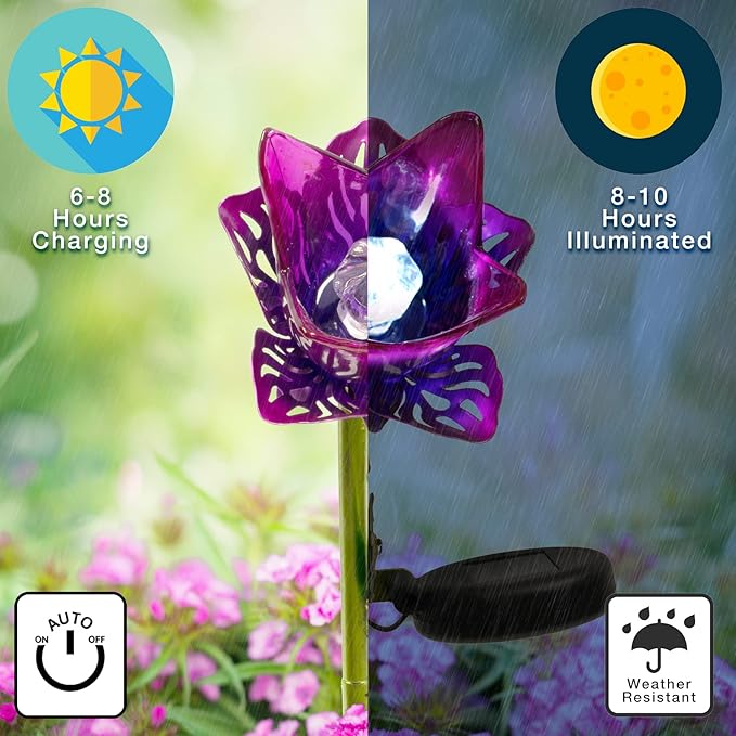 Crosslight Glass Flower Solar LED Waterproof Outdoor Garden Stake - Decorative Electronic Light Garden Decor for Yard, Lawn, Patio, Deck, Pathway, Pond, Backyard (Purple)