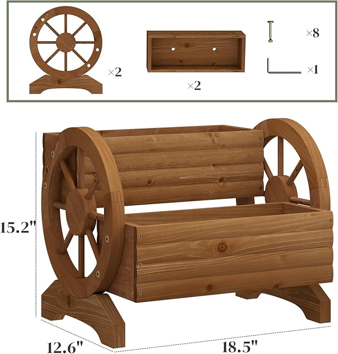 Wooden Wagon Planter Flower Cart with Wheels Garden Box Garden Planter, Decorative Planter for Flowers Herbs Vegetables for Indoor & Outdoor Décor Flower Cart for Patio Garden Balcony (Brown)