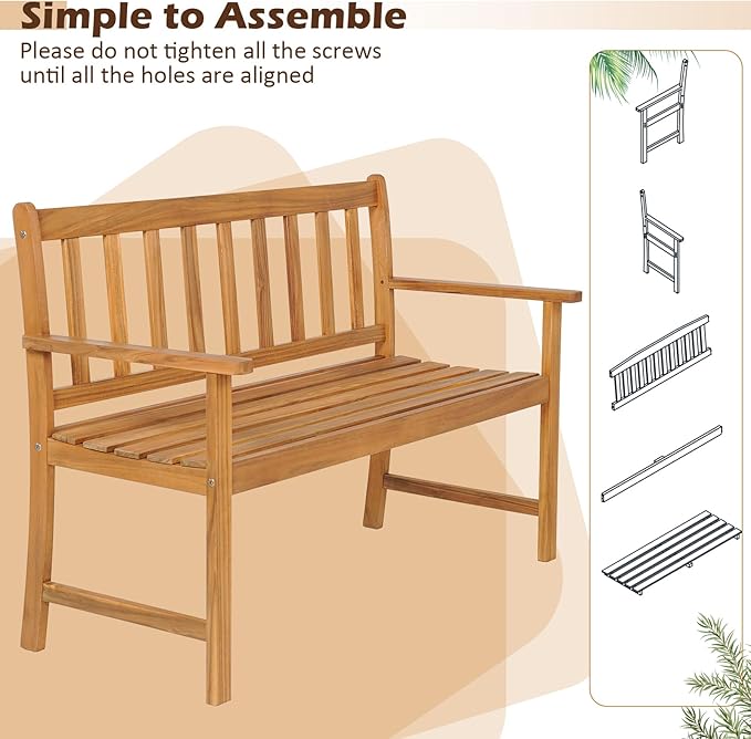 Tangkula Outdoor Acacia Wood Bench, 2-Person Garden Bench with Backrest and Armrests, Garden Bench with Slatted Seat for Porch, Park, Backyard, 800 Lbs Max Load, 48” L x 22” W x 34” H, Natural