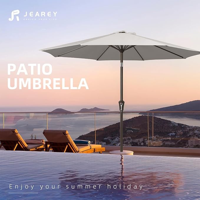 JEAREY 9FT Outdoor Patio Umbrella Outdoor Table Umbrella with Push Button Tilt and Crank, Market Umbrella 8 Sturdy Ribs UV Protection Waterproof for Garden, Deck, Backyard, Pool (Fog Gray)