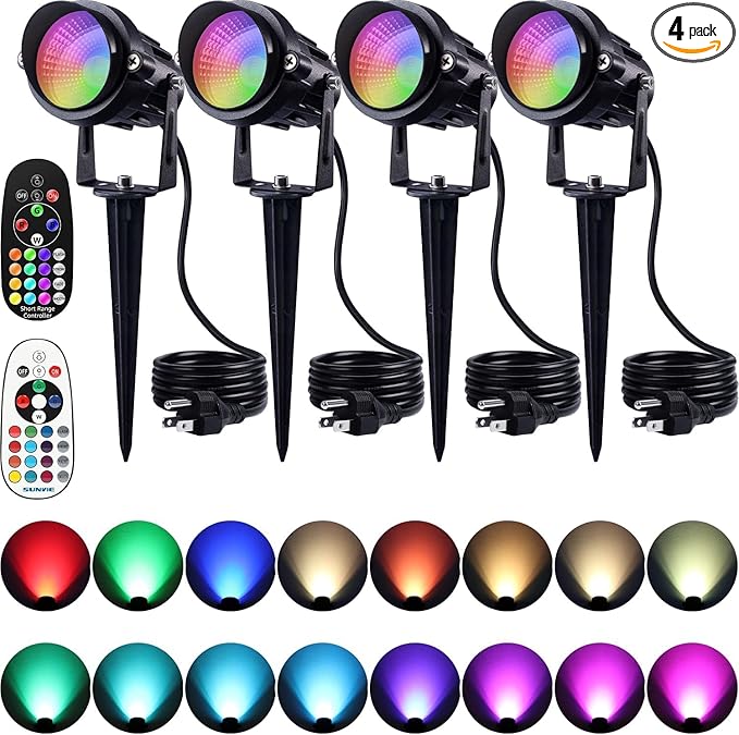 SUNVIE Spot Lights Outdoor 12W RGBW Color Changing Landscape Lights with Remote Control 120V RGB Landscape Lighting Waterproof Outdoor Spotlights for Yard Garden Patio Lawn Decorative, 4 Pack