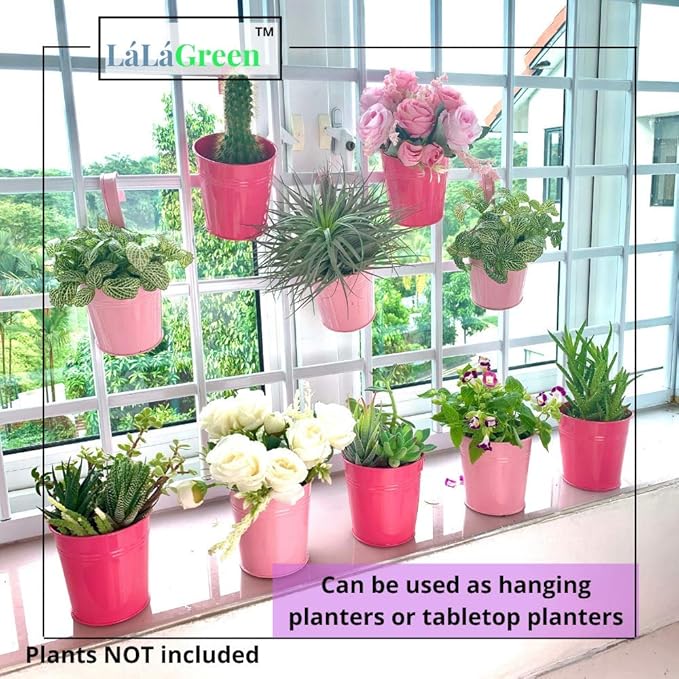 LaLaGreen Railing Planters Outdoor -10 Pack, 4 Inch Metal Hanging Flower Bucket, Small Pink Plant Pot Succulent Indoor Patio Fence Planter Box Balcony Garden Wall Decor Rail Deck Macetas Decorativas
