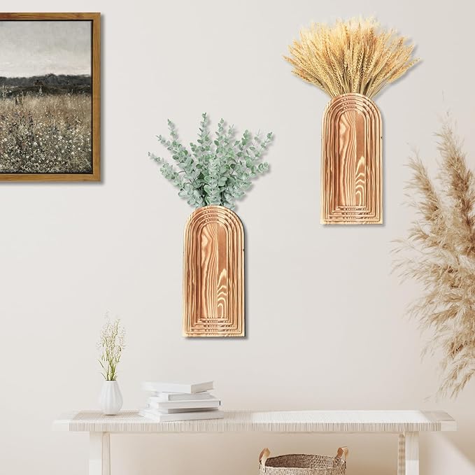 2 Pack Wooden Wall Vase Set - Brown Finish Modern Farmhouse & Boho Wall Decor for Entryway, Hallway, Bathroom, Living Room, Dining Room, Narrow Spaces