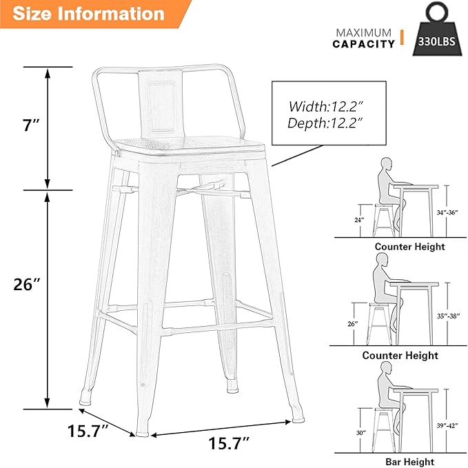 Yongchuang 26" Metal Barstools Set of 4 Low Back Bar Stool Counter Height Bar Stools with Wooden Top Silver