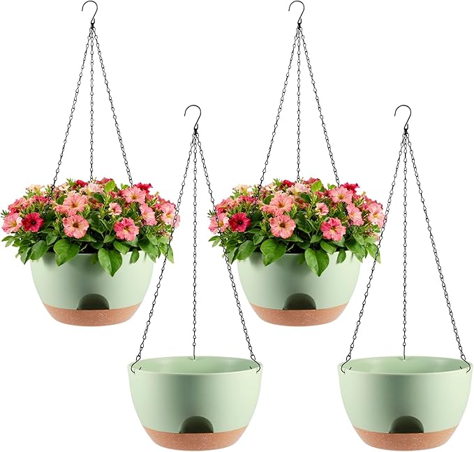 4-Piece Set of 8-Inch Hanging Planters with Automatic Watering System and Drip Tray, Includes Metal Chain, Suitable for Various Indoor and Outdoor Plants and Flowers, Green-Brown