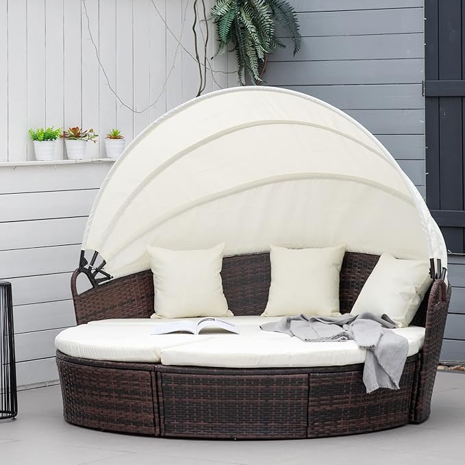 Outsunny 4-Piece Round Convertible Daybed with Cushions, Outdoor PE Rattan Patio Wicker Sofa Set, Sunbed with Adjustable Sun Canopy, Sectional Sofa, 2 Chairs, Table, 3 Pillows, Cream White