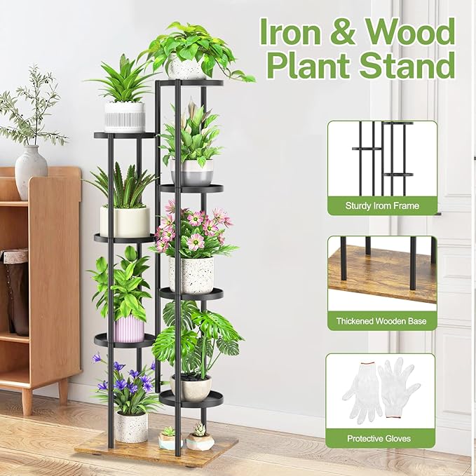 iDavosic.ly 7 Tier Plant Stand Indoor Outdoor, Tiered Corner Multiple Flower Pot Holder Shelf, Metal 51 Inch Tall Display Rack for Patio Porch Living Room Garden Balcony, Modern Black & Rustic Brown