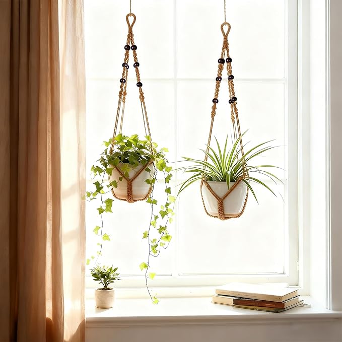Macrame Plant Hanger, Up to 4-15 inch Pots, Wood Beads Cotton Hanging Planter Holder for Indoor Outdoor Boho Home Decor, 35 Inch, Set of 2 (Brown)