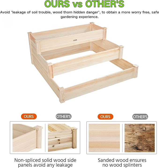 3-Tier Raised Garden Bed with Fabric Liner, Wood Elevated Planter Box with Dovetail Joint Design, 3 Dividable Bed Kit for Vegetables/Herbs/Flowers, Outdoor Gardening for Patio, Lawn, Balcony