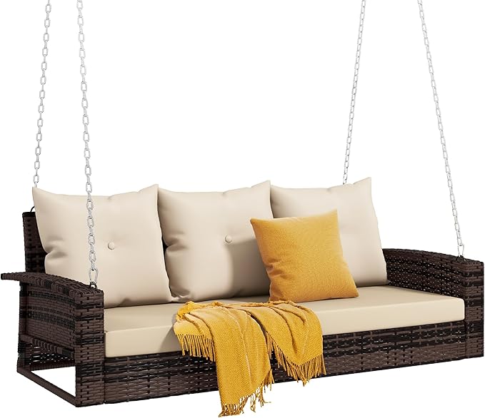 DWVO 3 Seats Porch Swing Hanging Bench Swing Outdoor Wicker Patio Swing Lounge Front Rattan 794lbs for Garden, Balcony, Brown&Beige