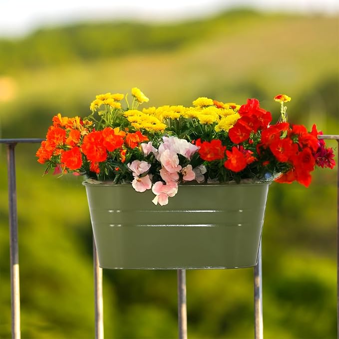 3 Pack Metal Railing Planters, 10.5" Oval Hanging Flower Pots with Detachable Hooks & Drainage Holes, Fits Rails up to 2.36", Galvanized Iron Fence Bucket for Balcony Garden Patio - Green