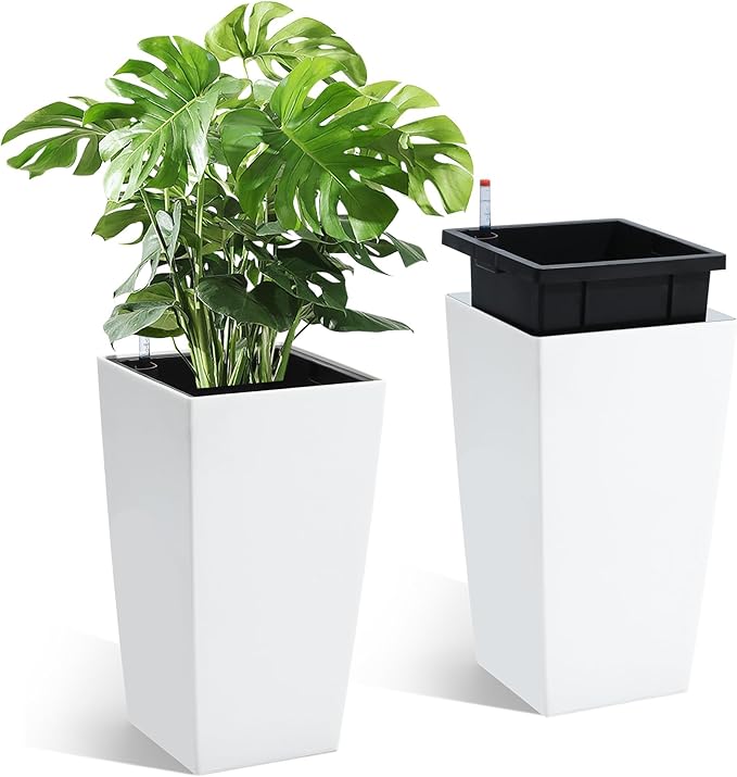 Garvee 16" Tall Planters Set of 2, Outdoor＆Indoor Black Planter Pots, High Front Porch Planter Pots with Drainage Holes＆Water Level Monitor＆Inner Bucket,White