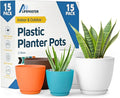Multicolor Plant Pots with Drainage Holes & Saucers 15 Pack, Indoor & Outdoor Stackable Space-Saving Planters for Houseplants & Flowers, (7", 6.7", 6", 5.3", and 4.8" Inches), Durable & Weatherproof