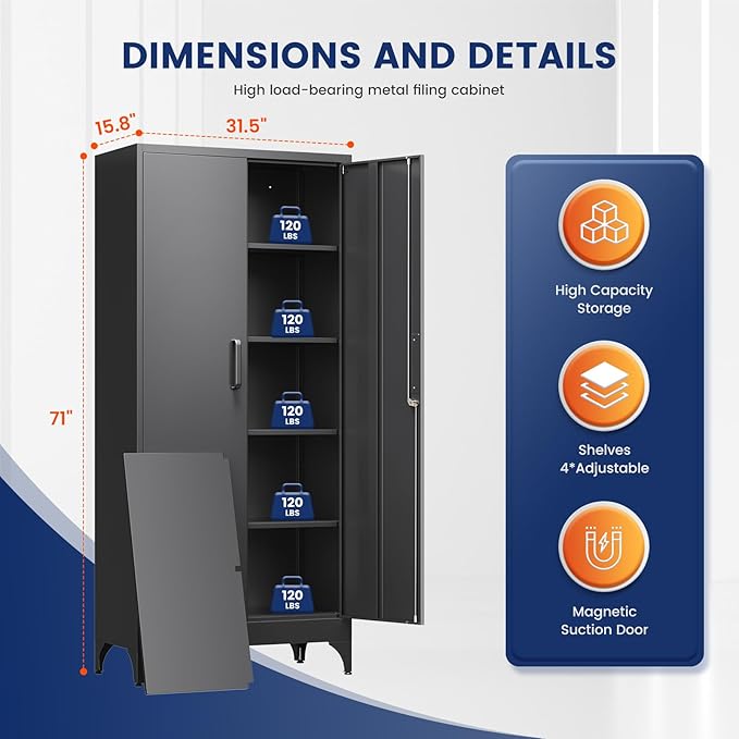Yizosh Metal Garage Storage Cabinet with 2 Doors and 4 Adjustable Shelves - 71" Steel Lockable File Cabinet,Locking Tool Cabinets for Home,Office,Garage,Gym,School