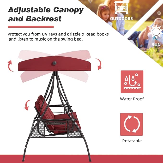HOMREST 3 Seat Outdoor Porch Swing with 1.5" Deepened Cup Holder, Adjustable Canopy, Patio Swing Bed with Stand, Patio Glider Swing with Thicken Cushions, Pillow for Yard, Garden(Wine Red)