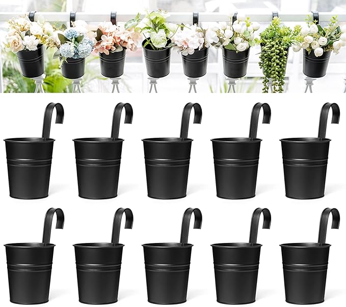 Dahey 10 Pcs Small Hanging Flower Pots Metal Iron Bucket Planter for Railing Fence Balcony Garden Home Decoration Flower Holders with Detachable Hooks, Black, 4 Inches