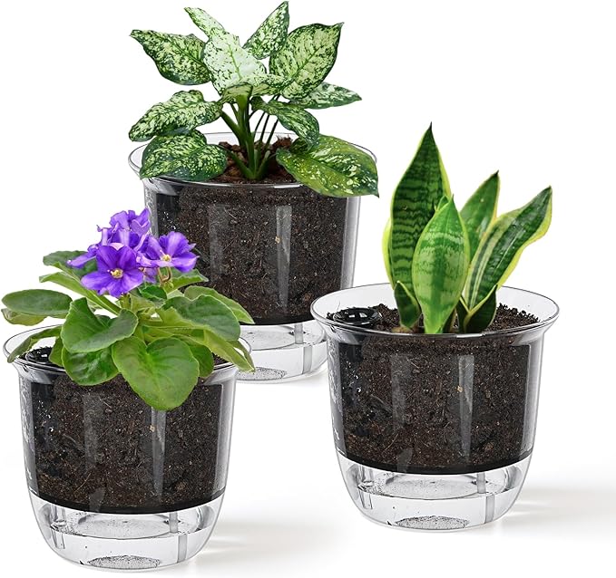 Self Watering Pots, 3 Pack 4 Inch Clear Plant Pot Self Watering Planter Flowers Pot with Deep Reservoir for Indoor Plants (3 Small)