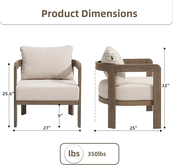 Outdoor Furniture Set, 2Pcs Patio Armchairs, Metal Modern Outside Furniture with 6'' Thick Cushions, Outdoor Conversation Set Balcony Chairs for Backyard, Porch,Deck, Beige