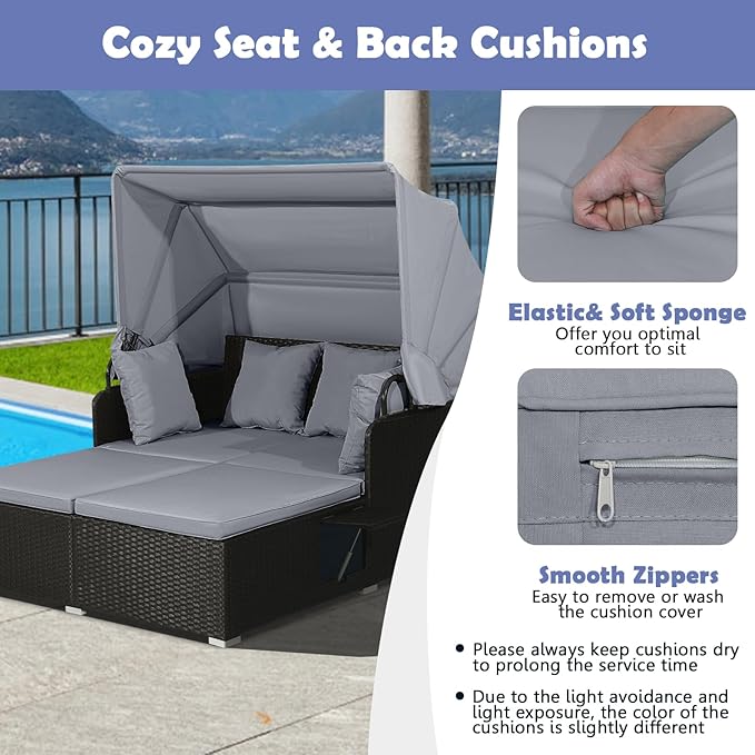Tangkula Patio Rattan Daybed with Retractable Canopy, Outdoor Wicker Sunbed Lounger with 2 Foldable Side Tables, Thick Seat & Back Cushions, Outside Double Daybed for Garden, Backyard, Porch (Grey)