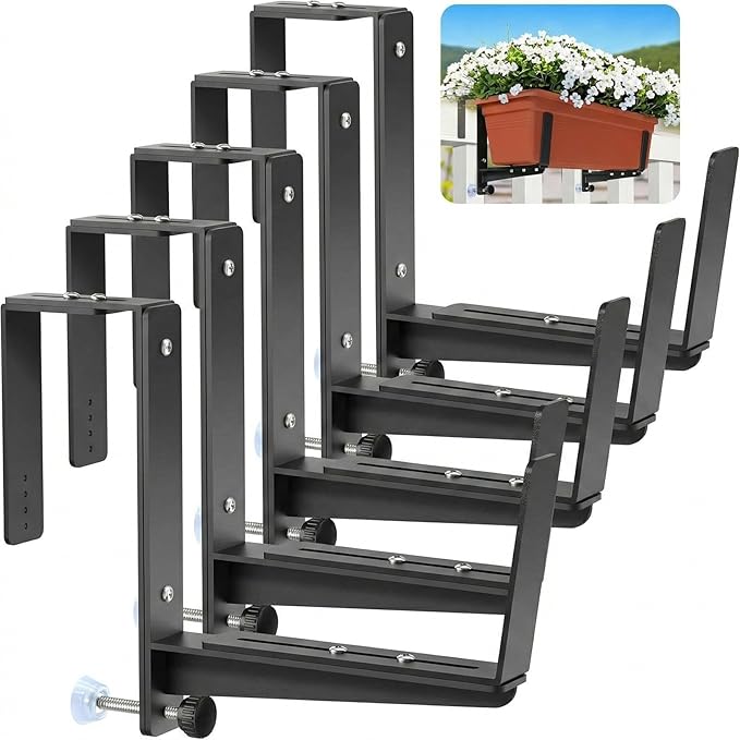 Window Box Brackets, Adjustable Planter Box Brackets, Heavy Duty Iron Flower Box Brackets for Railings, with Enhanced Bottom Support - Perfect for Balconies, Fences, and Gardens (Black, 6 Pack)