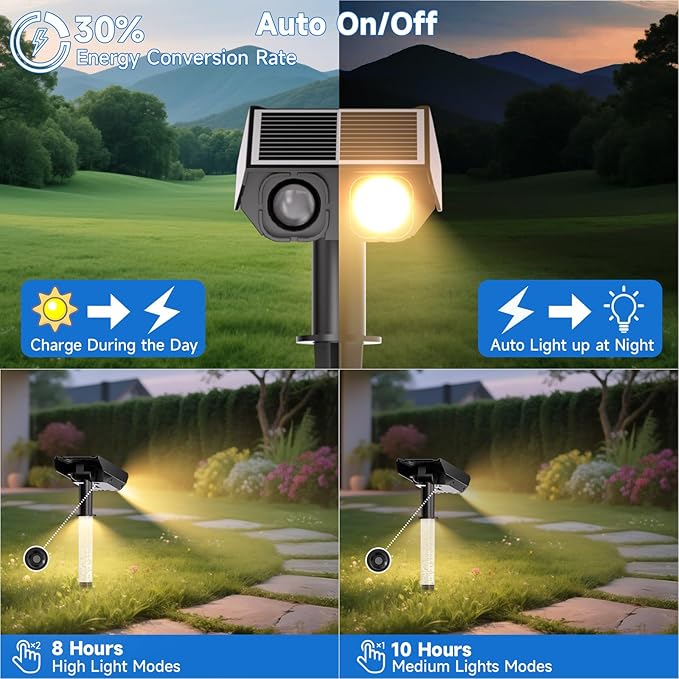 Solar Spot Lights Outdoor Adjustable Beam & PC Light Guide Column, 4 Pack Solar Lights Outdoor Waterproof IP65, 2 Modes & Auto On/Off Landscape Spotlights for Garden, Yard, Pathway, Tree (Warm Yellow)