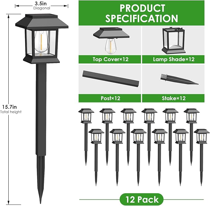 Solar Outdoor Lights, 12 Pack Solar Pathway Lights Waterproof, Landscape Lighting for Path Walkway Lawn Garden Yard Outside Décor, Black
