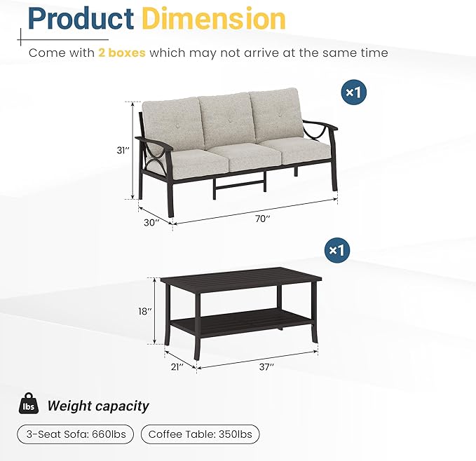 RoyalCraft 3 Seats Outdoor Patio Furniture Set, Outdoor Metal Sectional Furniture with Cushions, Outdoor Conversation Set with Coffee Table for Balcony, Backyard, Garden, Deck, Beige