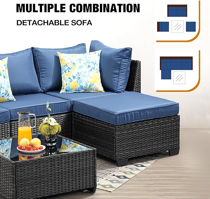 5 Pieces Patio Furniture Set All-Weather Outdoor Wicker Sectional Conversation Sofa Rattan Patio Seating Sofa with Cushion and Glass Table and Ottoman for Porch Poolside,Navy