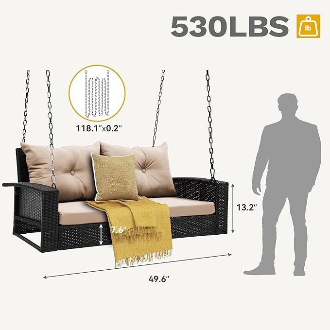 DWVO Hanging Porch Swing Chair Outdoor Wicker Rattan Patio Swing Lounge 2 Seats Cushions Capacity 530lbs for Balcony, Garden, Living Room, Brown Rattan Light Brown Cushion