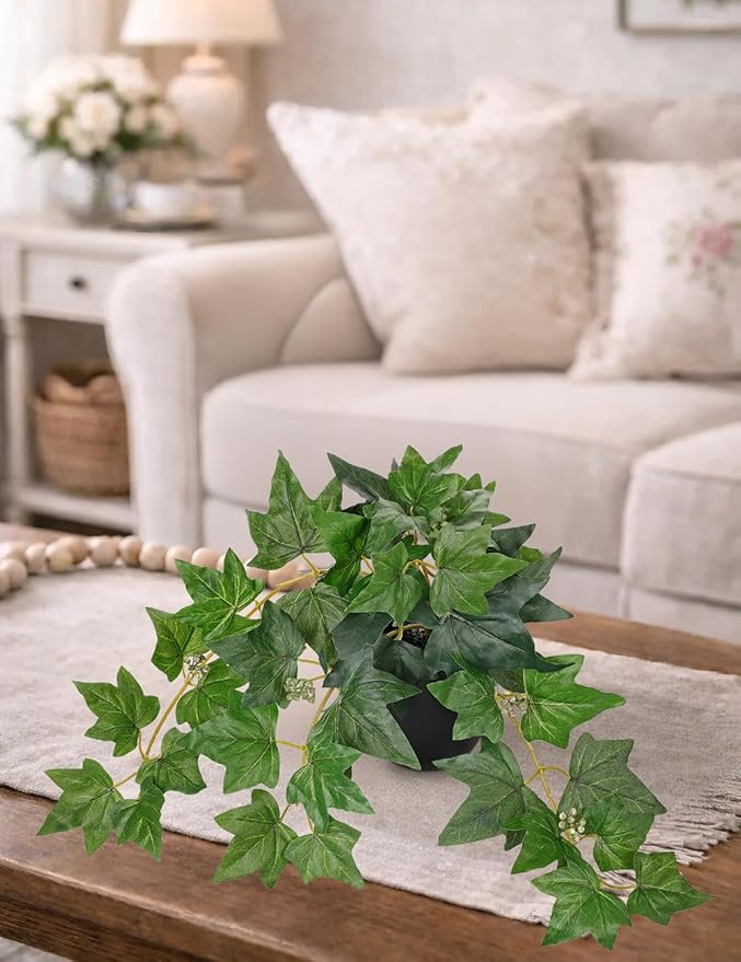 17.7" Artificial Plants Indoor Home Decor, Fake Potted Silk Plants for Shelves, Desks, Living Room, Home & Office Decor, Small Artificial Ivy Vine Plant in Pot, Faux Greenery Tropical Plant, Green