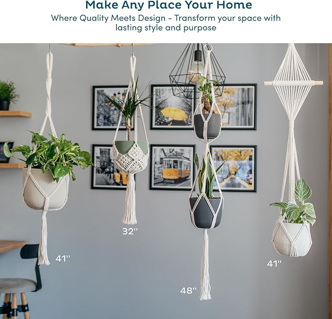 Nook Theory 4-Pack Macrame Plant Hangers with 8 Hooks - Hanging Planters for Indoor Plants, Boho Macrame Hangers Indoor Outdoor, Decorative Plant Hanger Indoor (Pearl)