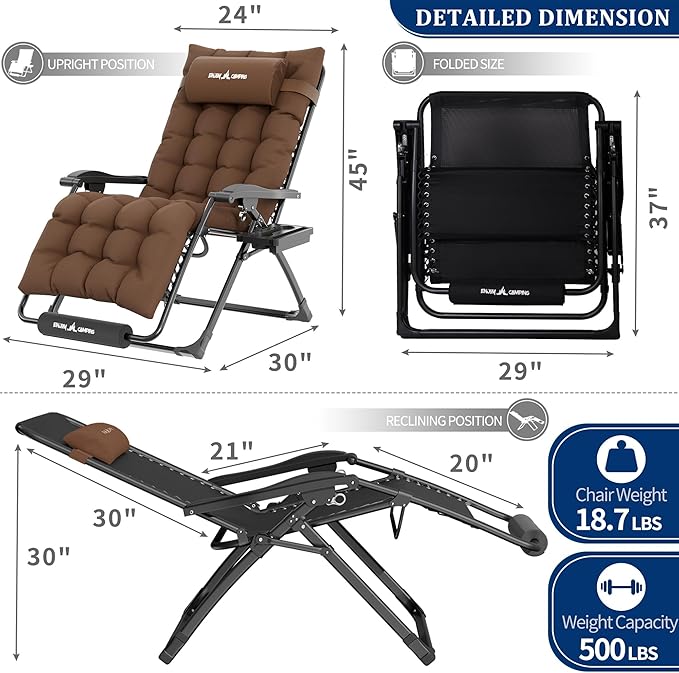 UDPATIO Oversized Zero Gravity Chair Set of 2, 29In XL Patio Reclining Chair with Cushion, Outdoor Folding Recliner with Pillows|Cup Holder|Foot Rest|Padded Headrest, Brown, Support 500LB