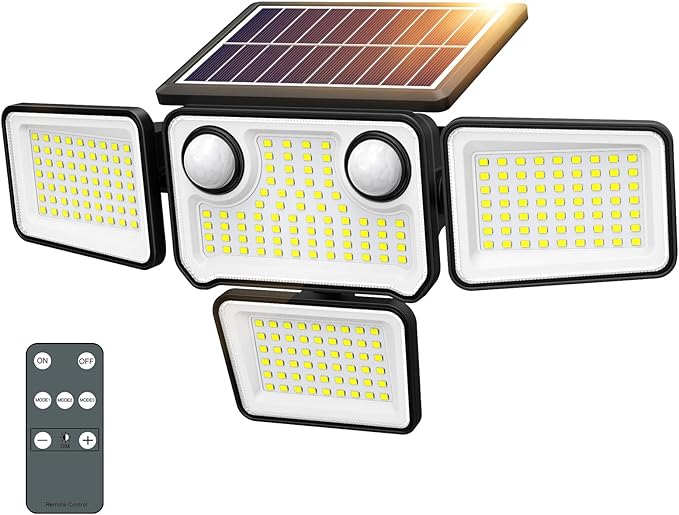 4500LM Solar Lights Outdoor Waterproof, 254 LED Solar Flood Lights Outdoor with 2 Motion Sensor, 4 Heads Security Light with Remote Control for Yard Outside House Garage 1 Pack