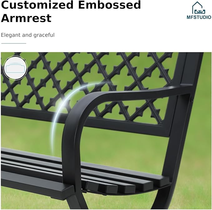 MFSTUDIO 50" Lucky Clover Outdoor Bench, Black Cast Iron Back with Waterproof E-Coating, Durable Patio Garden Bench Park Chair, Black