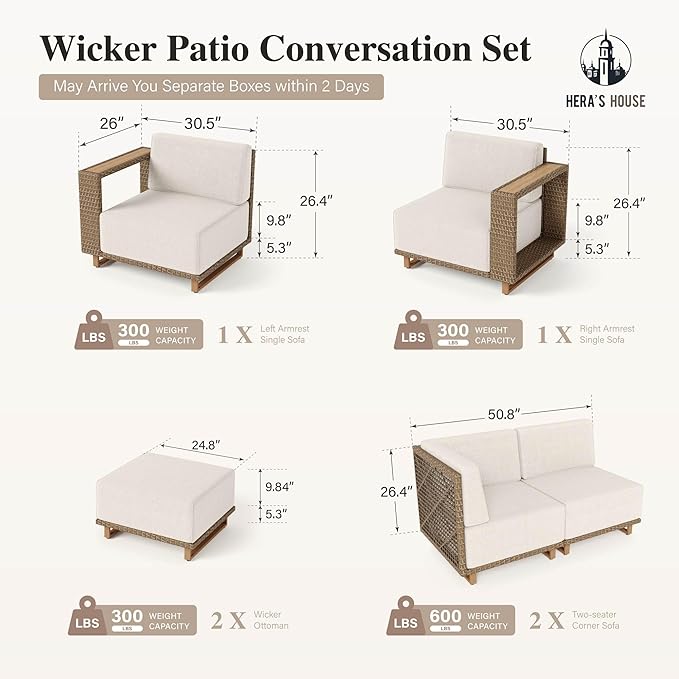 HERA'S HOUSE 8 Pieces Patio Furniture Set, 6 Sectional Outdoor Rattan Wicker Sofas with 2 Ottomans, All Weather Patio Conversation Set with 5.3" Widened Armrest, 10" Premium Ultra Thick Comfy Cushion