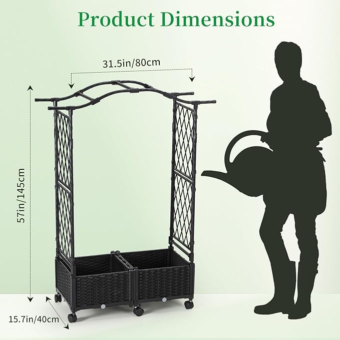 Planter Box with Trellis Outdoor, 57in Plastic Raised Garden Bed with Trellis Hanging Roof for Vine Flower, with Lockable Wheels & Drain Plug for Patio Backyard Balcony, Black, 1 Pc