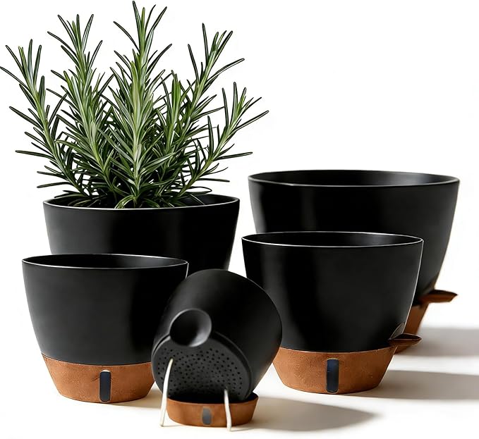 7/6.5/6/5.5/5 Inch Self Watering Pots, Plastic Flower Pots with Multi Mesh Drainage Holes and Deep Reservoir for Indoor Outdoor Garden Plants and Flowers (Black, 5/5.5/6/6.5/7)
