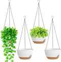 8 Inch Hanging Planters for Indoor Outdoor Plants, 4 Pack White Brown Plastic Self Watering Hanging Baskets with Drainage Holes and Chain for Garden Porch