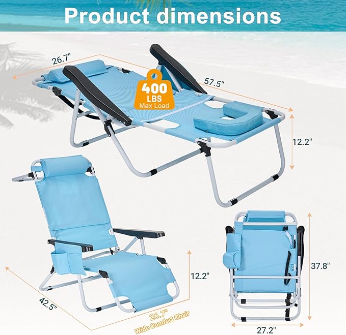 ABORON Tanning Chair with Face Hole, 5-Position Adjustable Reclining Beach Lounge Chair, Folding Face Down Sun Lounger for Beach, Poolside, Patio, Lawn, Home(Sky Blue)