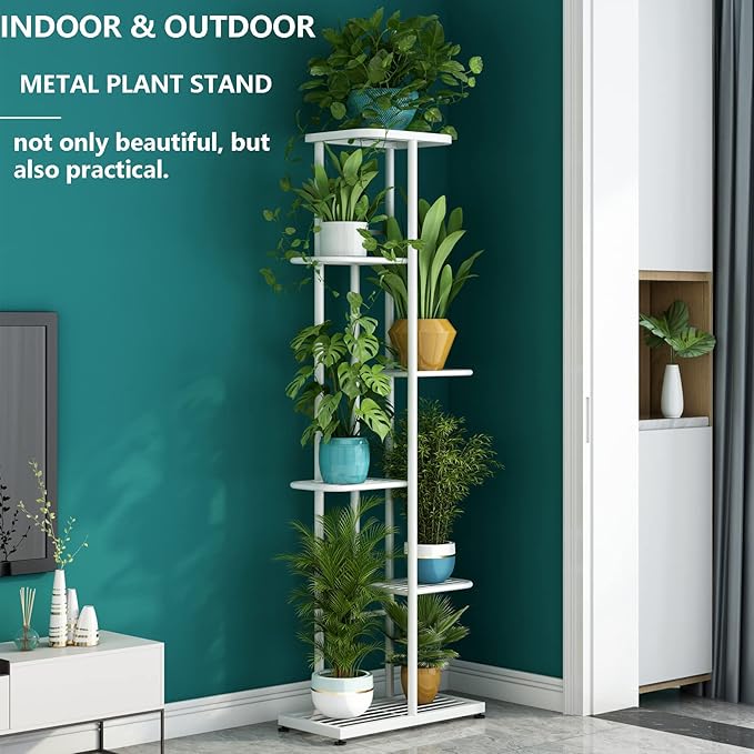 LINZINAR Plant Stand Metal 6 Tier 7 Potted Multiple Flower Pot Holder Shelf Indoor Outdoor Planter Display Shelving Unit for Patio Garden Corner Balcony Living Room (6 Tier 7 Potted, White)
