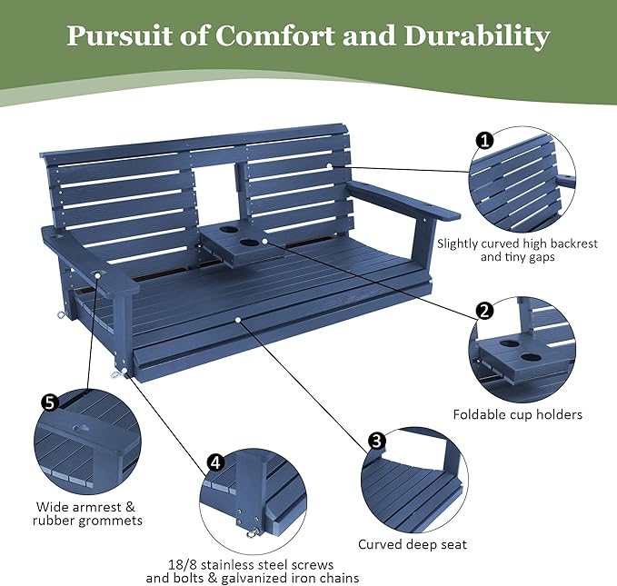 Poly Lumber 3-Seat Porch Swing, HIPS 5-Feet Bench Swing with Foldable Cup Holders,18/8 Stainless Steel Hardware, High Backrest and Deep Contoured Seat (Navy Blue, 5-feet)