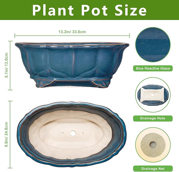 Bonsai Pots - 13.2 Inch Oval Ceramic Pots for Plants, Large Succulent Planter with Drainage Hole, Decorative Planters for Indoor Outdoor, Garden House Decor, Housewarming Gifts, Retro Blue