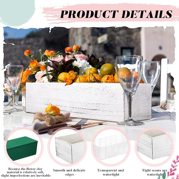 Dandat 2 Set Wood Boxes for Centerpieces 12x4 Inch Rectangle Wooden Planter Box Rustic Wooden Planters with Removable Plastic Liner Floral Foam Blocks for Christmas Wedding Home Garden Decor(White)