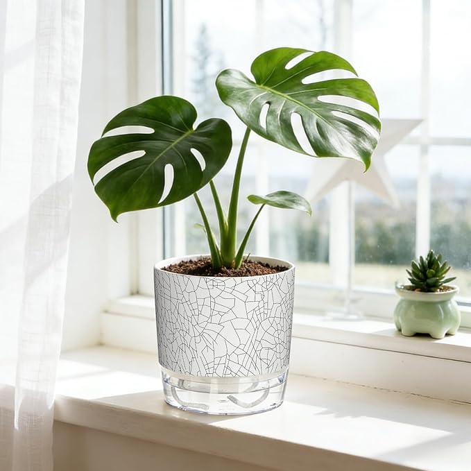 3 Pack Self Watering Pots for Indoor Plants, 4+5.5+6.3 Inch Self Watering Plant Pots, Flower Pots with Wick Rope and Reservoir - Crack Texture